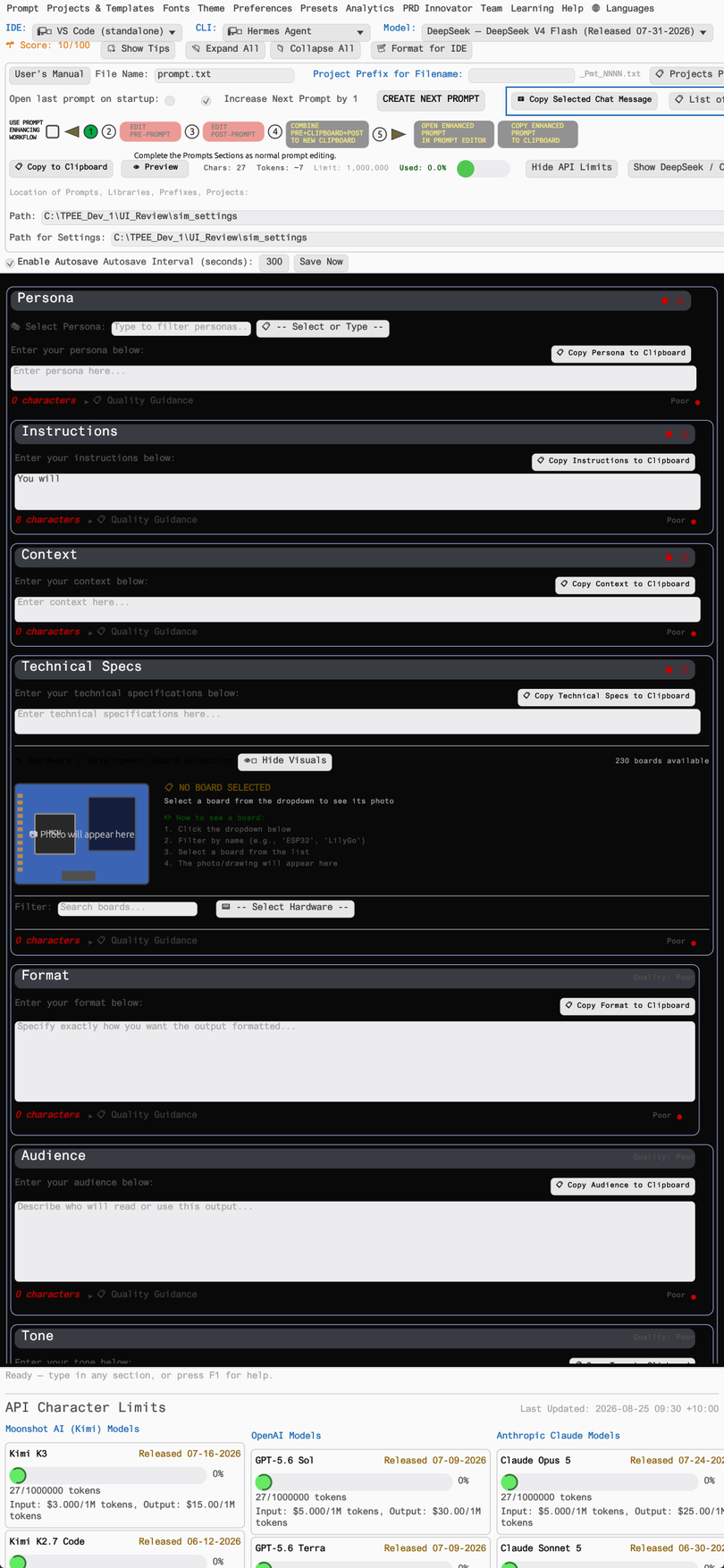 TPEE main editor showing the twelve prompt sections with GREEN/YELLOW/RED readiness indicators and the overall quality score