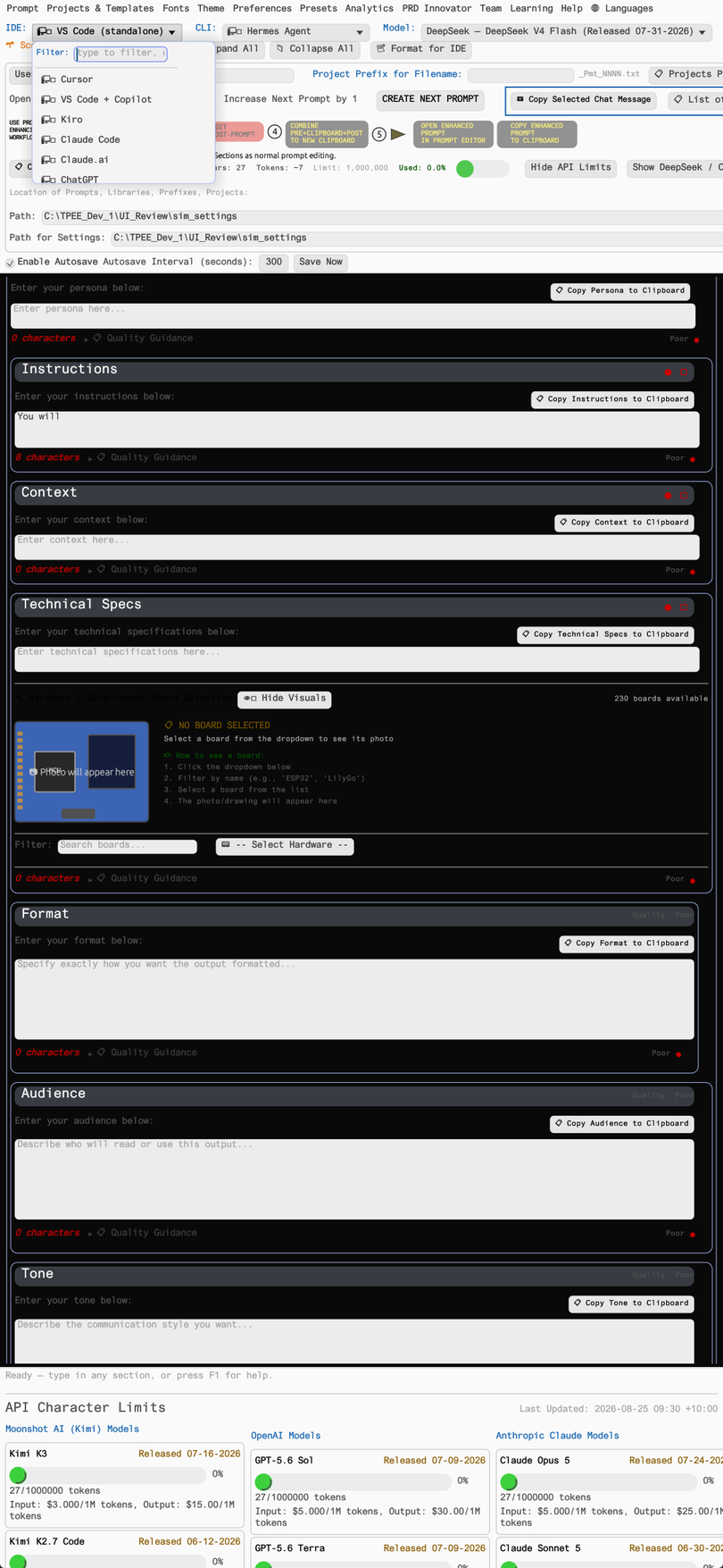 TPEE IDE export view with a prompt formatted for a selected IDE profile