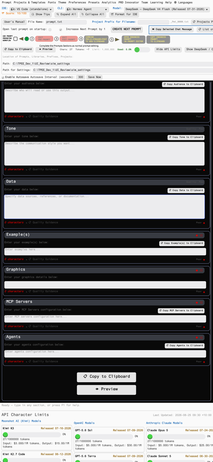 TPEE API Character Limits panel showing per-model prompt size limits