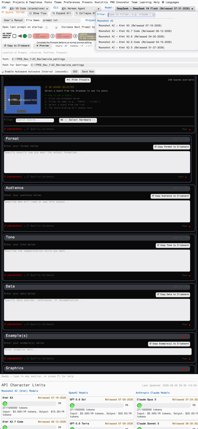 TPEE model profiles panel listing AI models with pricing and context windows