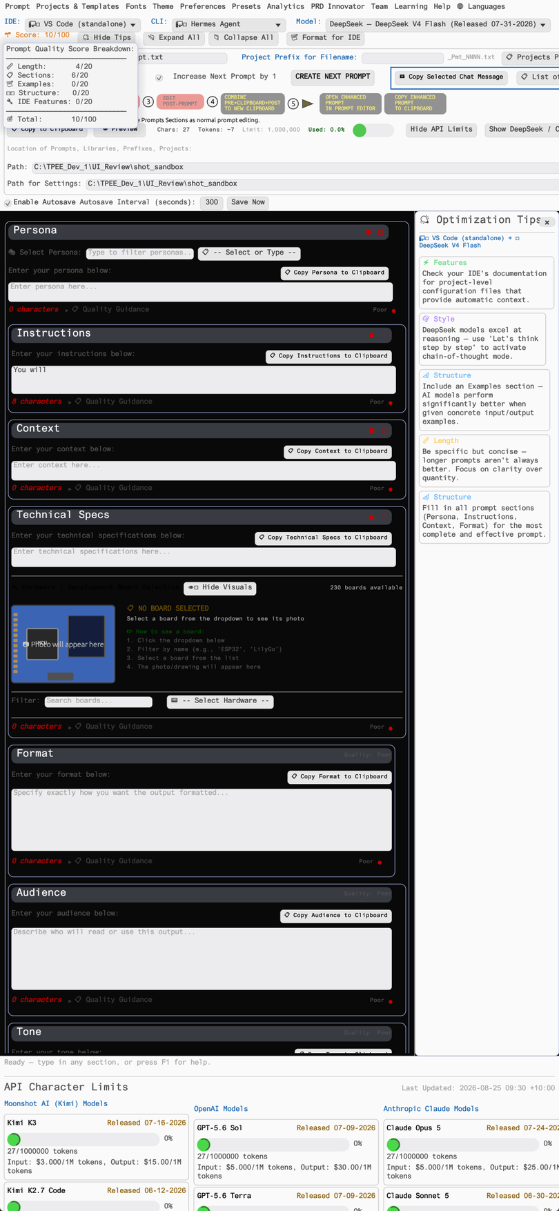 TPEE quality score panel showing the 0 to 100 score with per-section breakdown