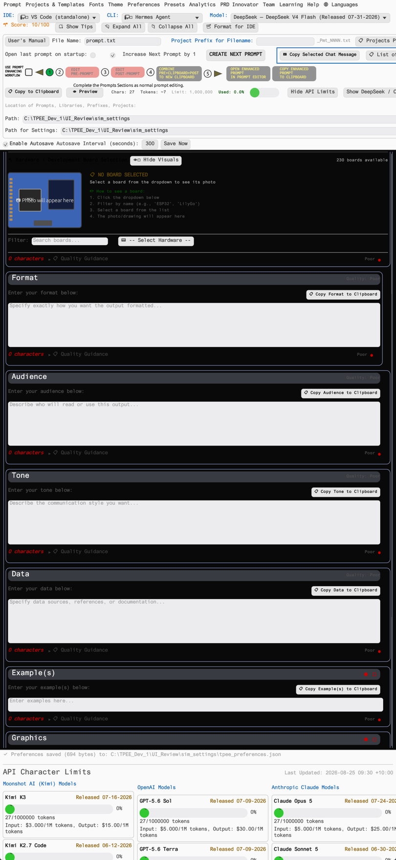 Lower sections of the TPEE editor: Tone, Data, Examples, Graphics, MCP Servers and Agents