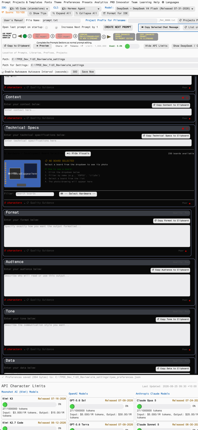 Middle of the TPEE editor: Context, Technical Specifications and Format sections