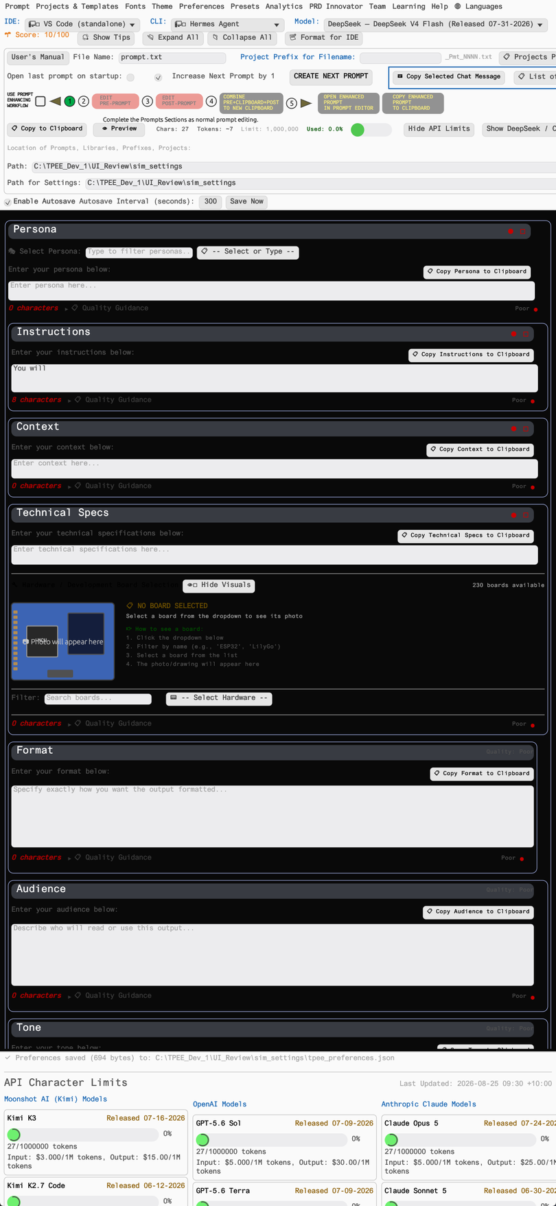 Top of the TPEE editor: Persona and Instructions sections with character counts and quality indicators