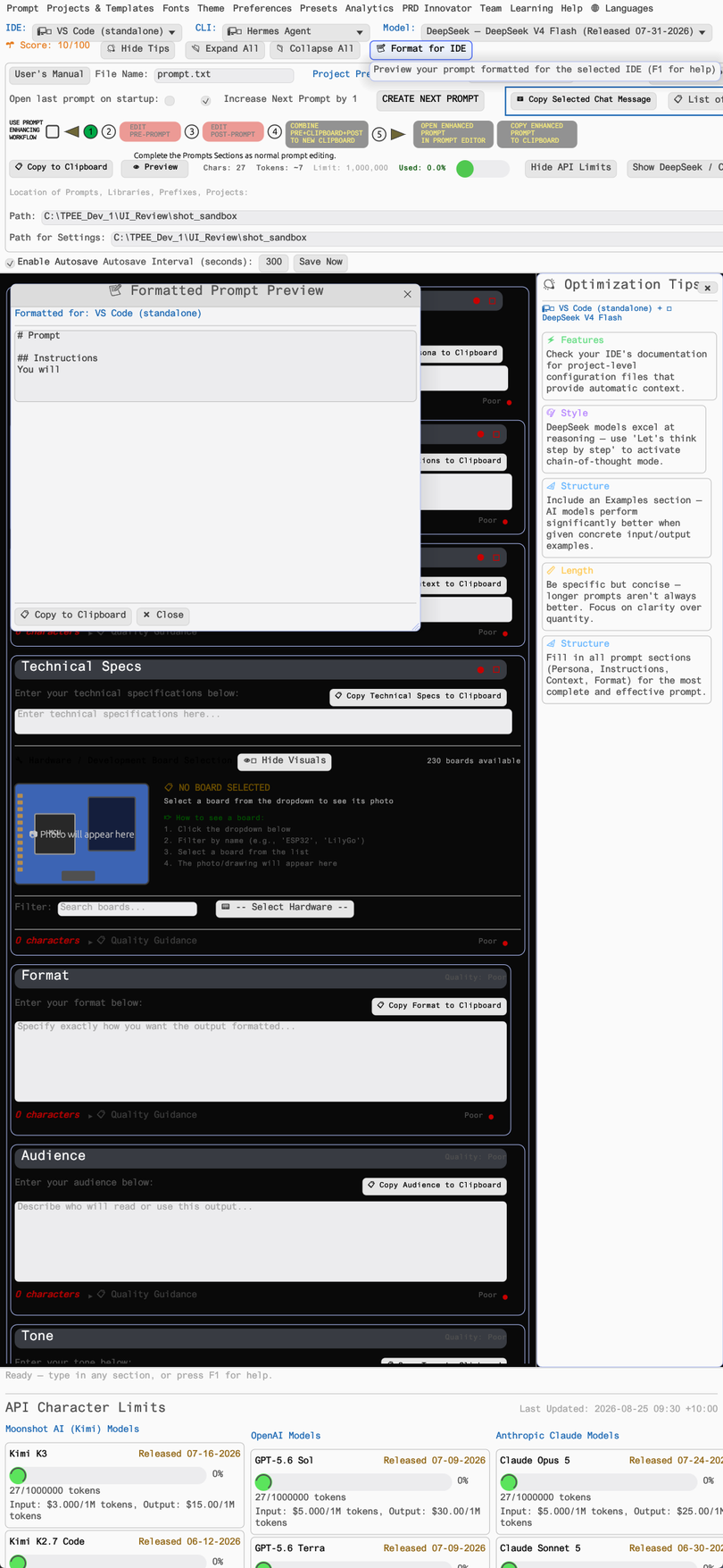 TPEE prompt formatter output tailored to the selected IDE profile