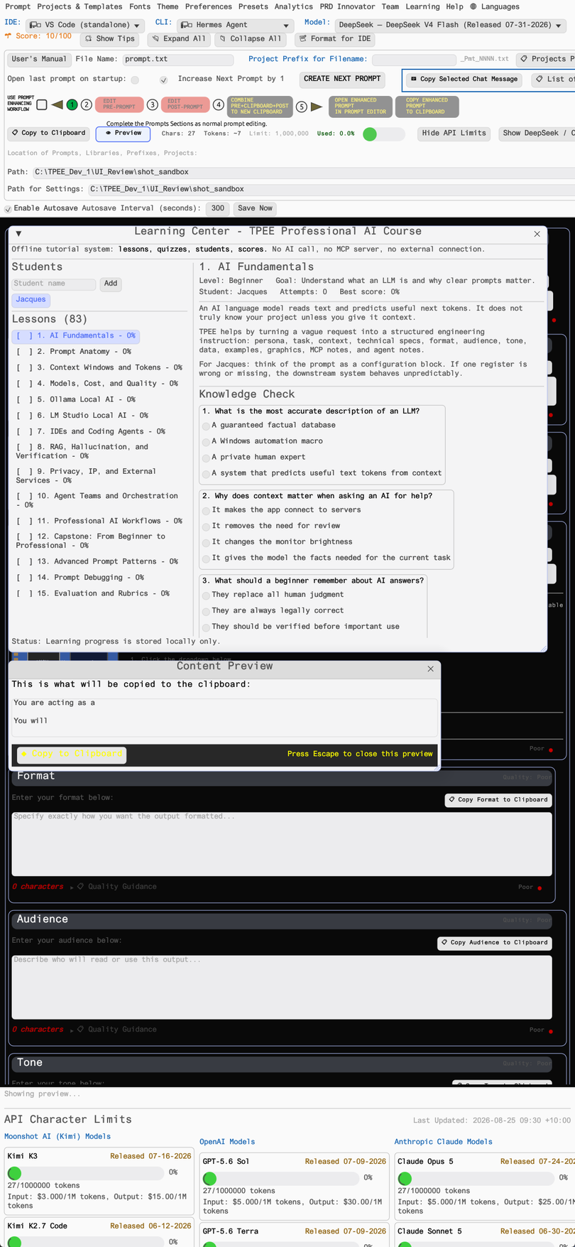 TPEE export preview pane showing the final formatted prompt