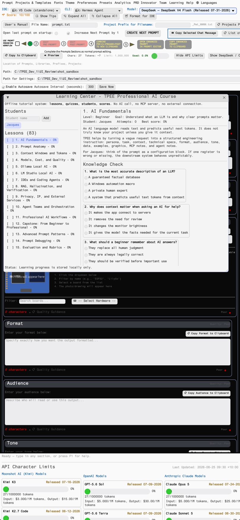 TPEE Learning Center quiz view with questions and progress