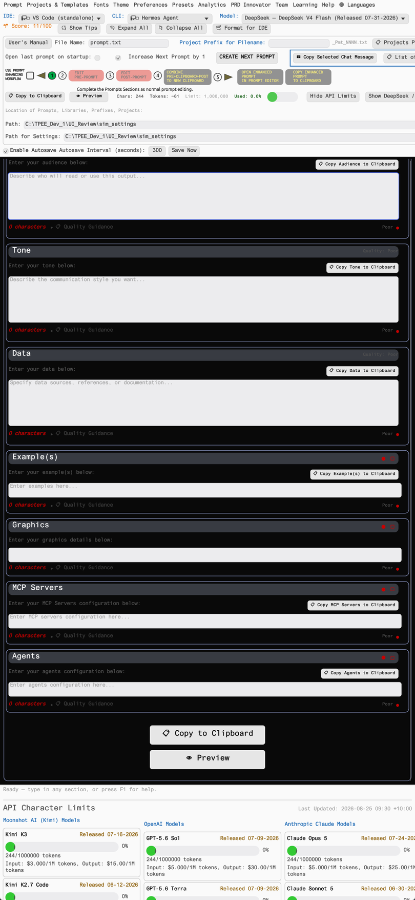TPEE API Character Limits panel showing maximum prompt characters per model