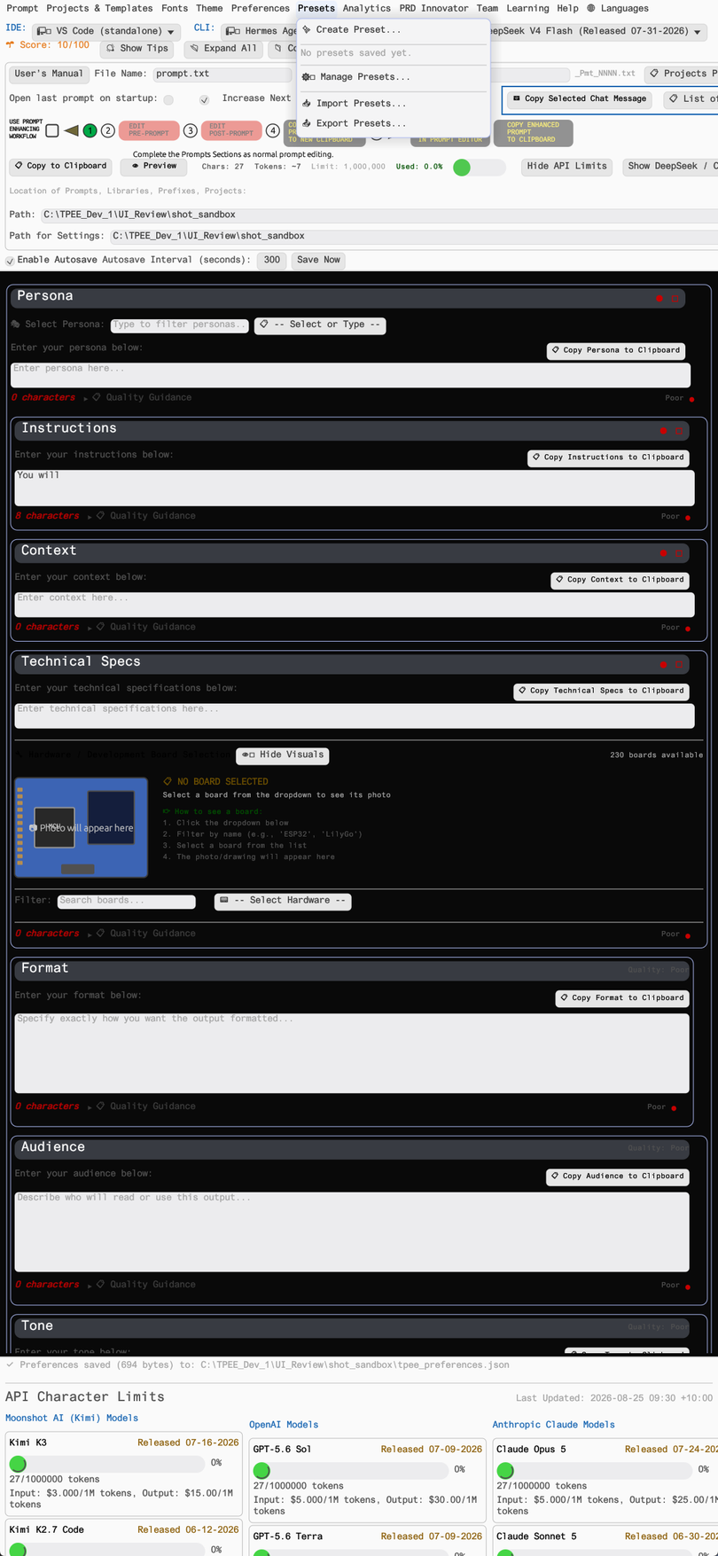 TPEE presets manager for saving IDE and model combinations